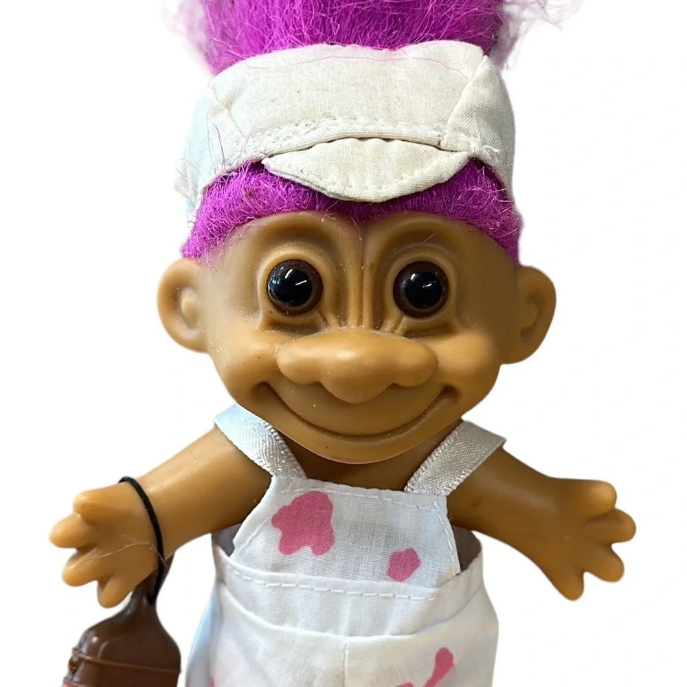 Vintage 90s Russ Berrie Painter Troll Doll Overalls Paint Splatter Pink Hair Hat